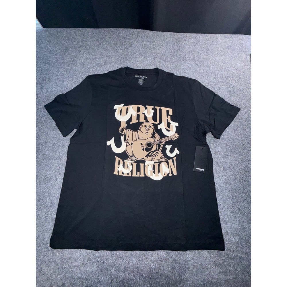 True Religion Mens Black Buddha Guitar Graphic T-Shirt Short Sleeve Tee L